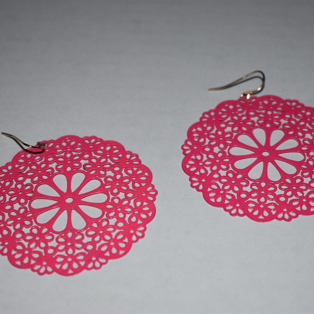 Hot pink enameled floral "lace" earrings
